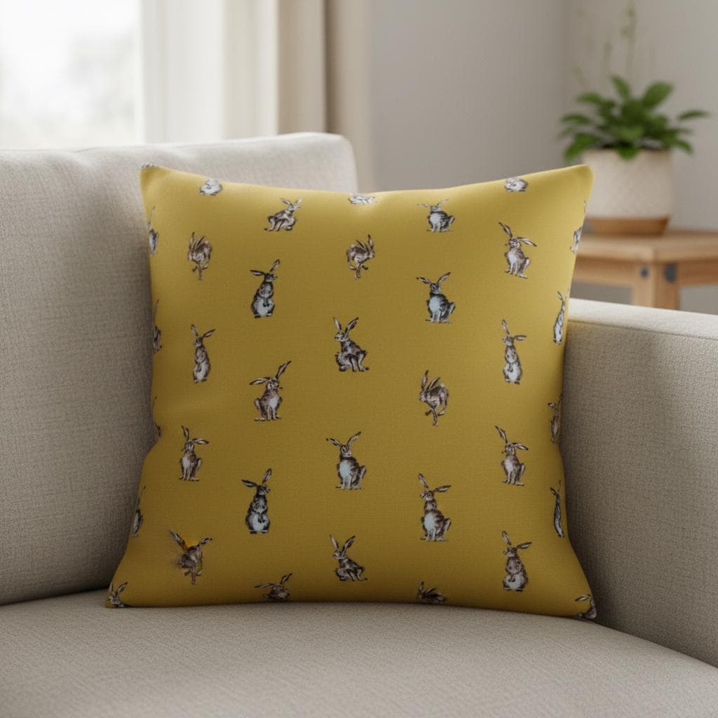 Shabby Hares Rabbits Bunny Mustard Cushion Cover , Handmade UK