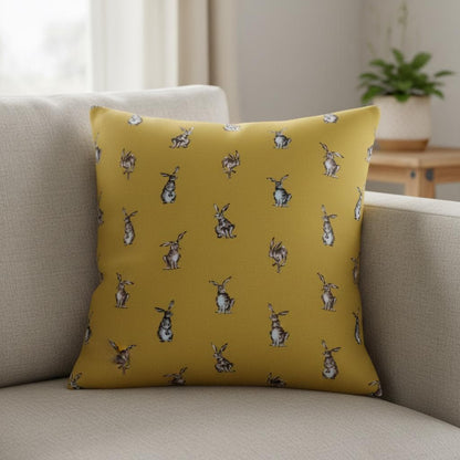 Shabby Hares Rabbits Bunny Mustard Cushion Cover , Handmade UK