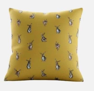 Shabby Hares Rabbits Bunny Mustard Cushion Cover , Handmade UK
