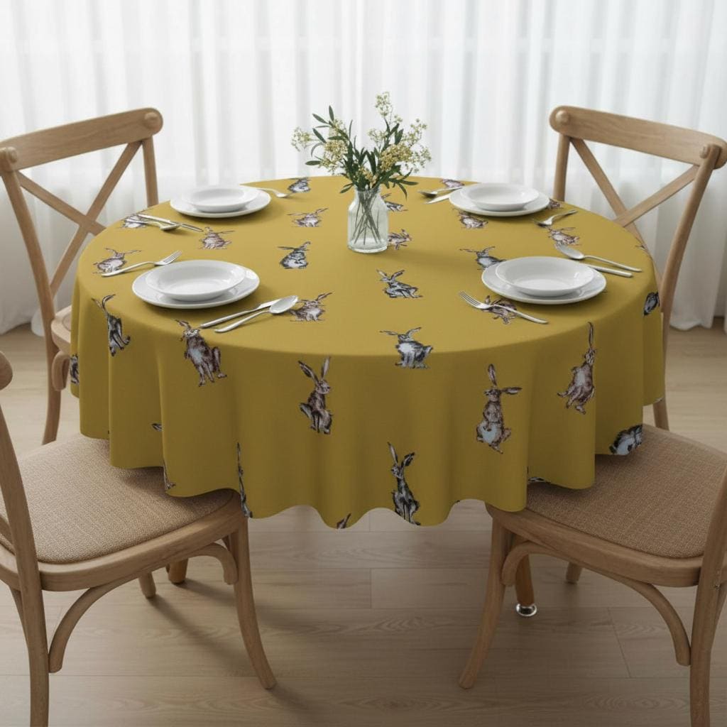 Shabby Hares Tablecloth, Rabbits Bunny Mustard Table Cloth , Handmade UK