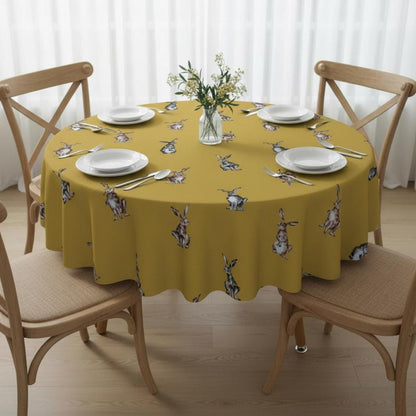 Shabby Hares Tablecloth, Rabbits Bunny Mustard Table Cloth , Handmade UK