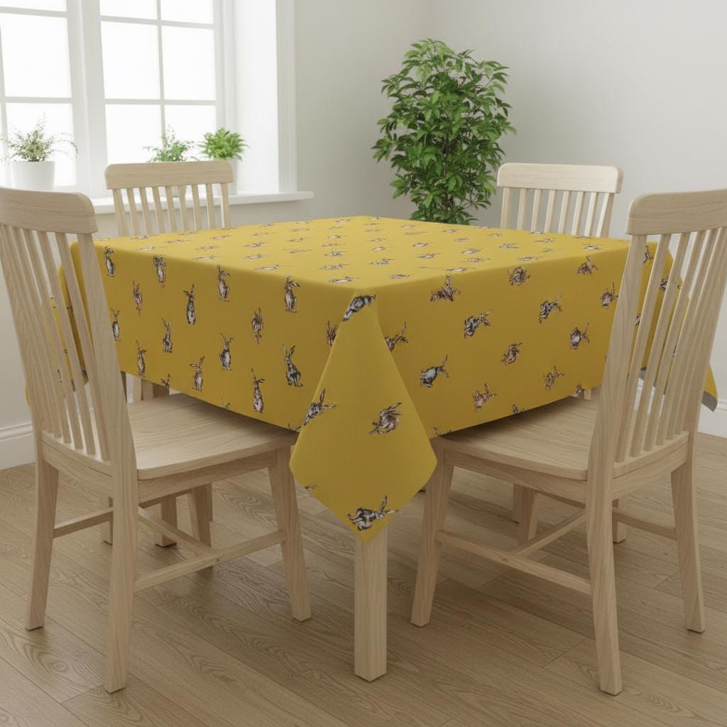 Shabby Hares Tablecloth, Rabbits Bunny Mustard Table Cloth , Handmade UK