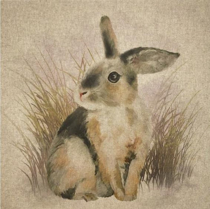 Meadow Rabbit Hare Watercolor Natural Beige Cushion Cover .