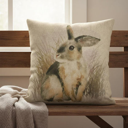 Meadow Rabbit Hare Watercolor Natural Beige Cushion Cover .