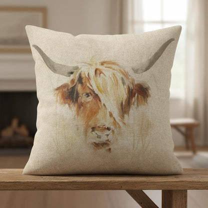 Highland Cow Watercolor Natural Cushion Cover