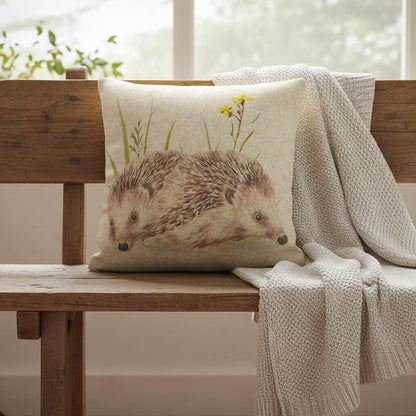 Meadow Hedgehogs Watercolor Natural Cushion Cover