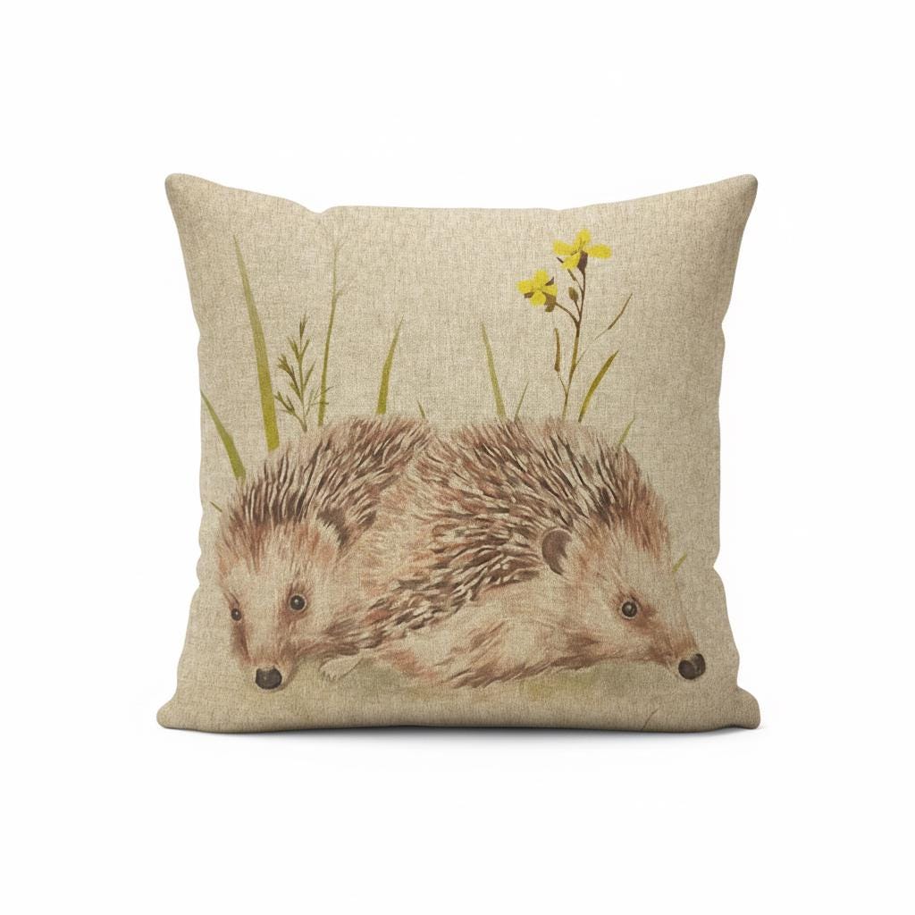 Meadow Hedgehogs Watercolor Natural Cushion Cover