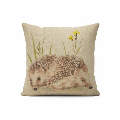 Meadow Hedgehogs Watercolor Natural Cushion Cover
