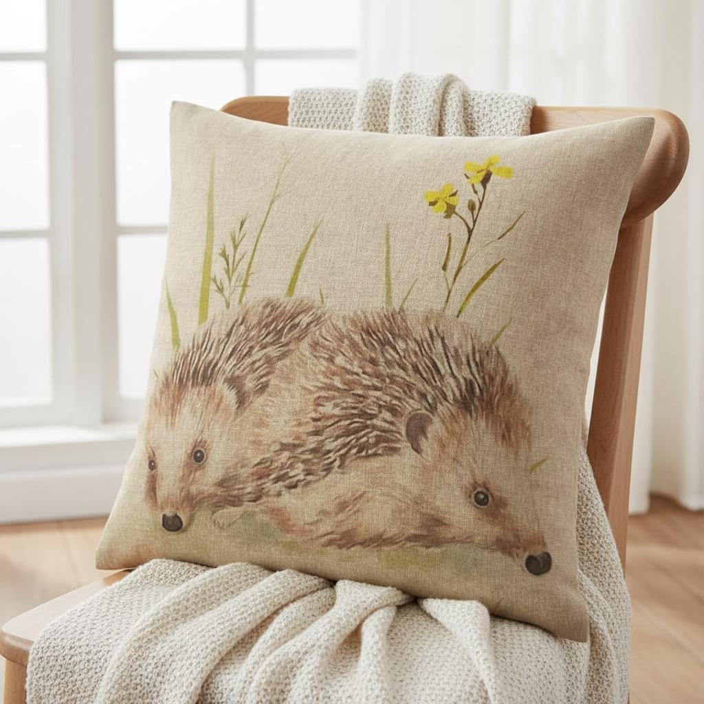 Meadow Hedgehogs Watercolor Natural Cushion Cover