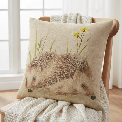 Meadow Hedgehogs Watercolor Natural Cushion Cover
