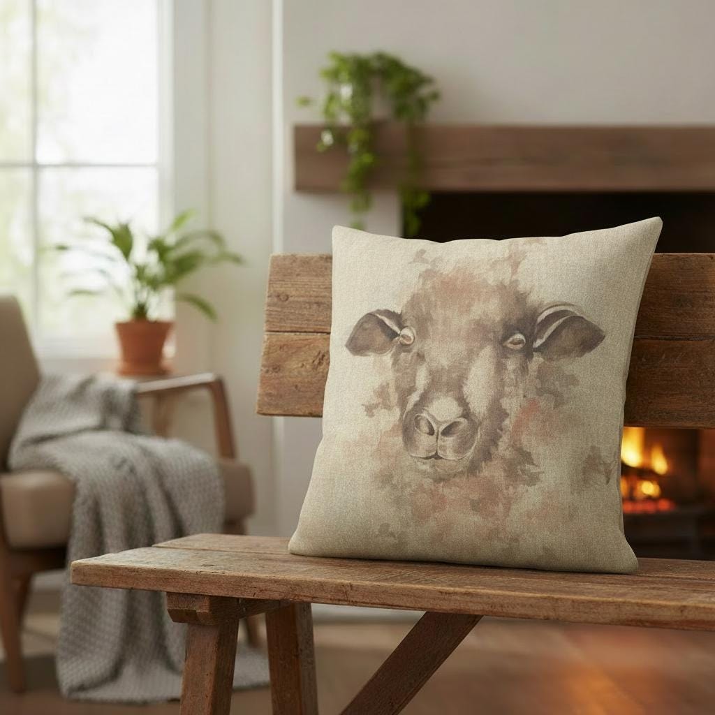Serenity Sheep Watercolor Natural Cushion Cover