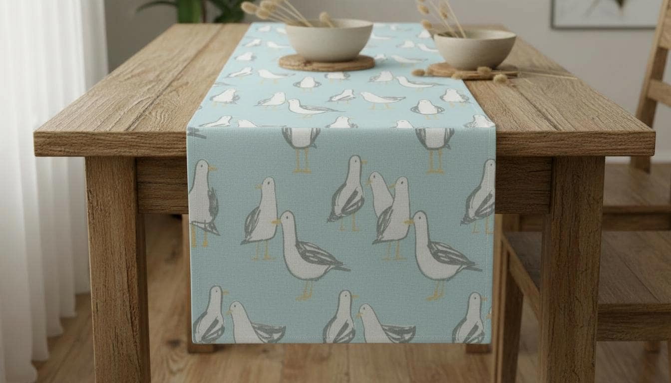 Coastal Seagull Laridae Blue Table Runner, Nautical Marine Seaside Design, Handmade UK