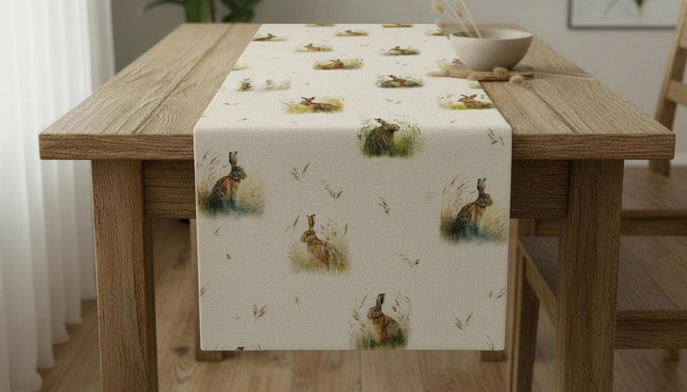 Country Hares Rabbit Table Runner Napkins, Various Size, Handmade UK