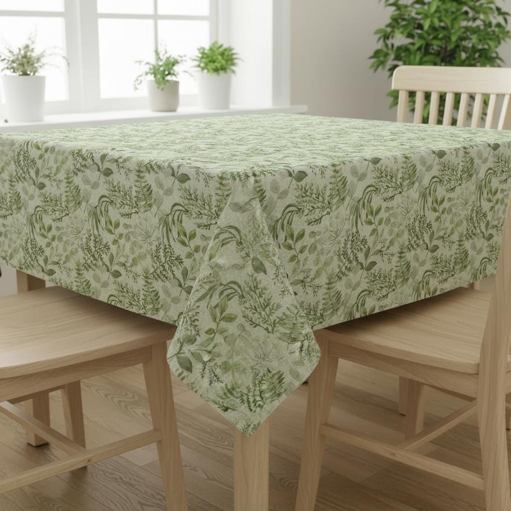 Elegant Green Botanical Leaf Floral Tablecloth, Oval Round Rectangle, Handmade UK