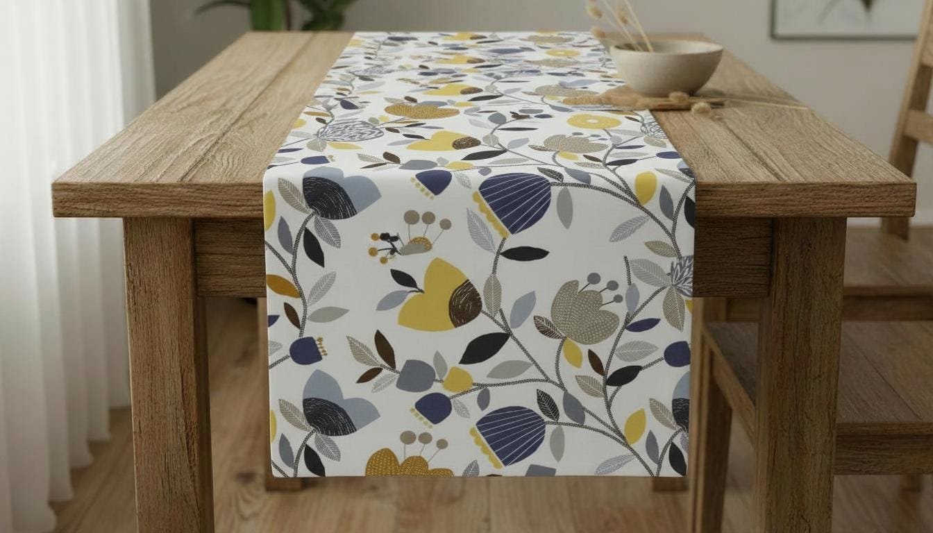 Pomegranate Floral Cotton Table Runner, Ochre Yellow, Handmade in UK