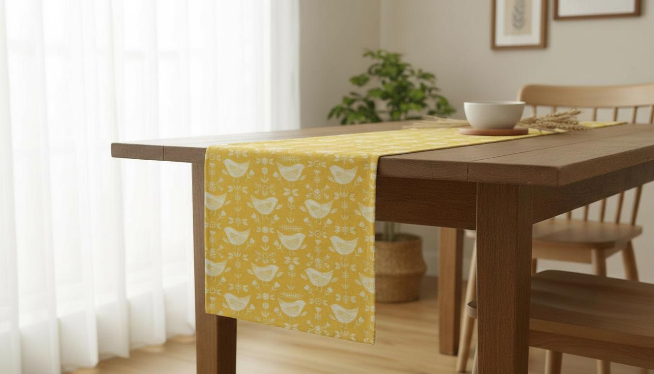 Narvik Scandi Birds Table Runner, Ochre Yellow Cotton Table Decor
