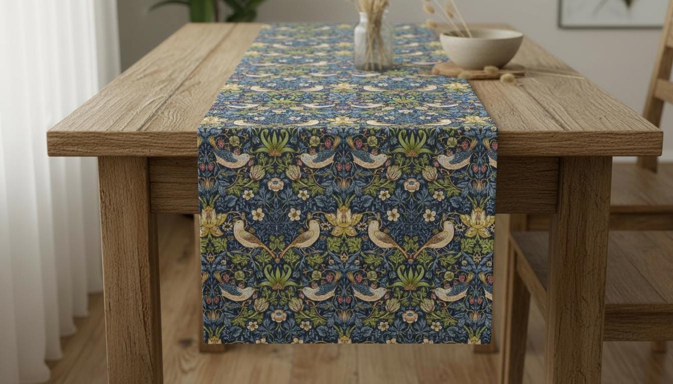William Morris Table Runner Strawberry Thief Navy Blue, Cotton Napkins, Handmade UK
