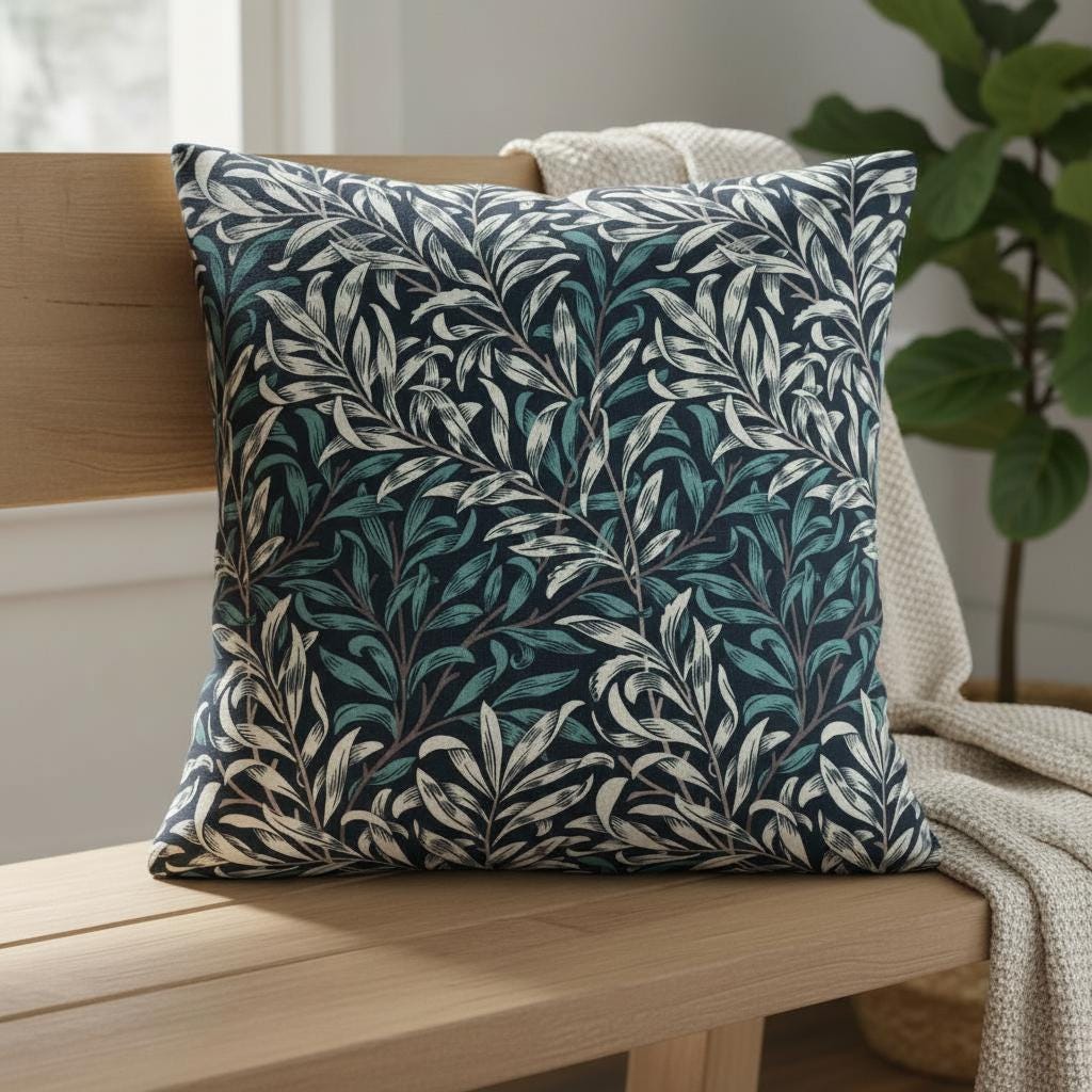 William Morris Cushion Cover Willow Bough Dark Teal, Leaf Leaves Throw Pillow, Handmade UK