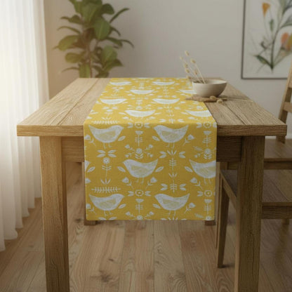 Narvik Scandi Birds Table Runner, Ochre Yellow Cotton Table Decor
