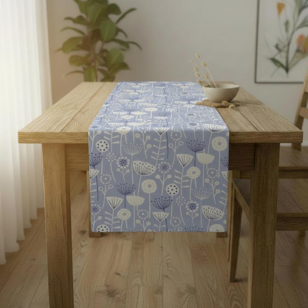 Scandi Floral Table Runner: Bergen Blue Cotton Table Decoration
