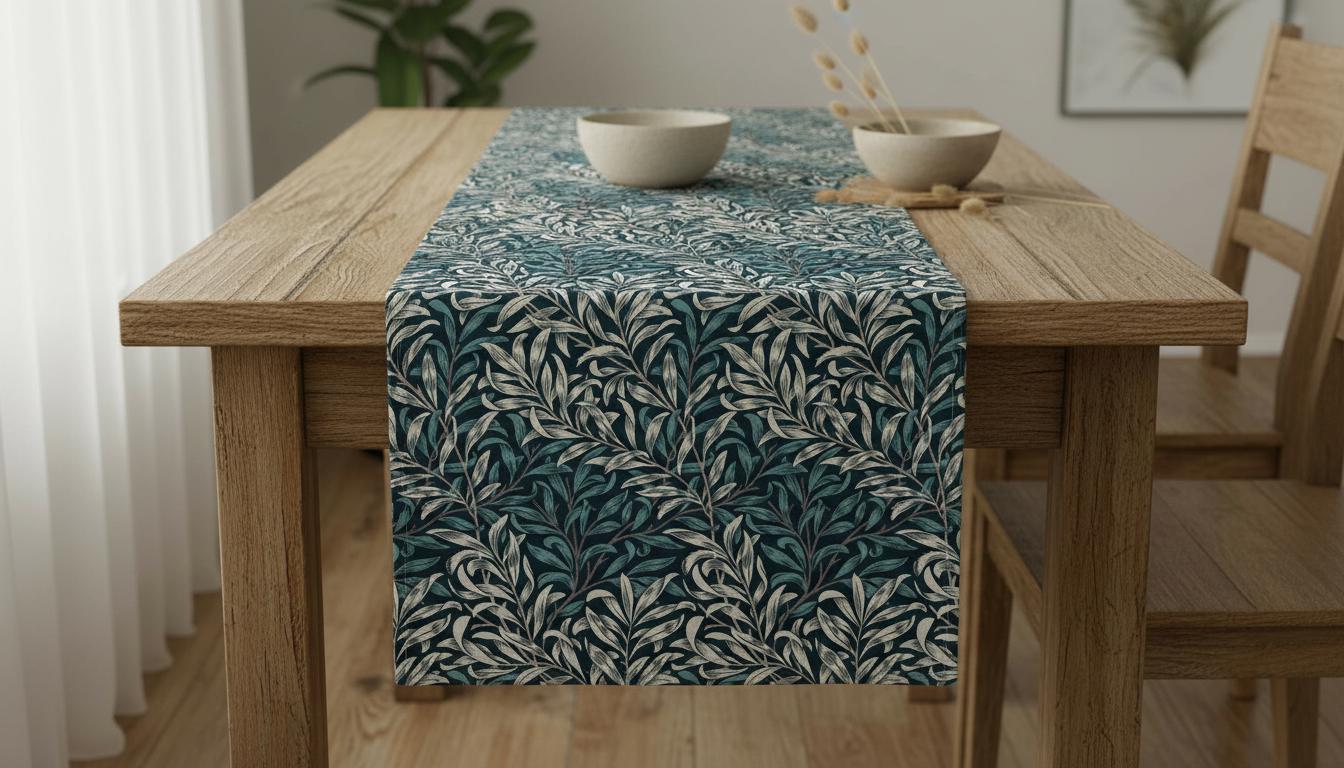 William Morris Table Runner Willow Bough Dark Teal, Cotton Napkins, Handmade in UK