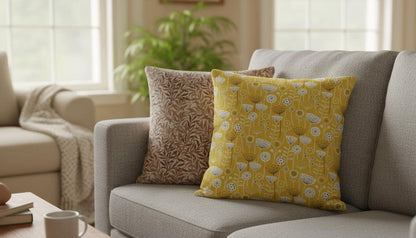 Scandi Floral Bergen Ochre Yellow Cushion Cover, Handmade Cotton Throw Pillow