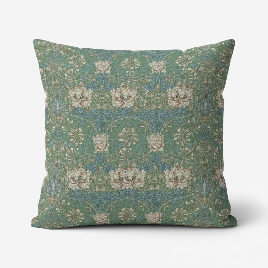 William Morris Cushion Cover Honeysuckle Seaspray Green, Floral Throw Pillow , Handmade UK
