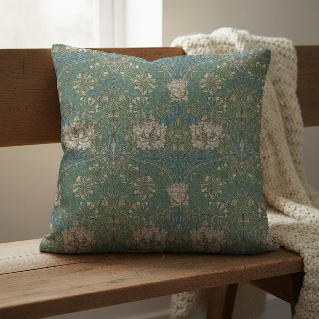 William Morris Cushion Cover Honeysuckle Seaspray Green, Floral Throw Pillow , Handmade UK