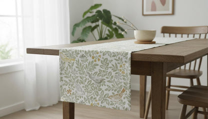 Bird Song Autumn Table Runner, Sage Green Floral Decor, Handmade UK