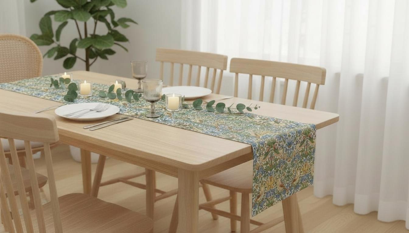 William Morris Strawberry Thief Table Runner Sky Blue, Cotton Napkins, Various Size