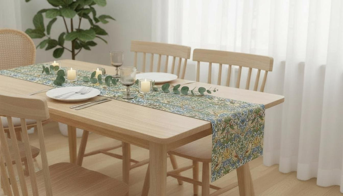 William Morris Strawberry Thief Table Runner Sky Blue, Cotton Napkins, Various Size
