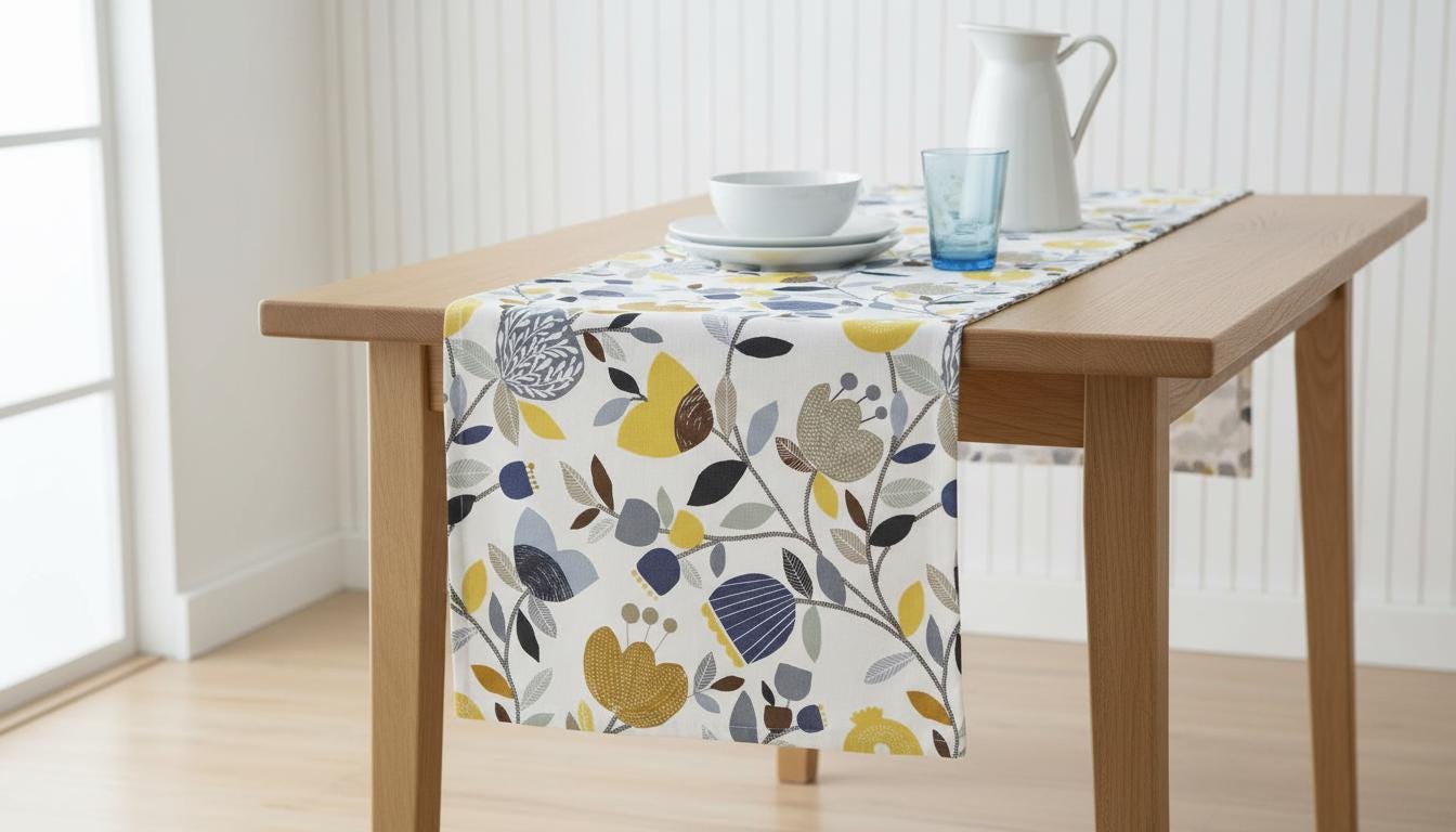 Pomegranate Floral Cotton Table Runner, Ochre Yellow, Handmade in UK