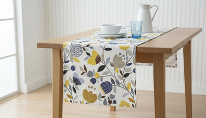 Pomegranate Floral Cotton Table Runner, Ochre Yellow, Handmade in UK