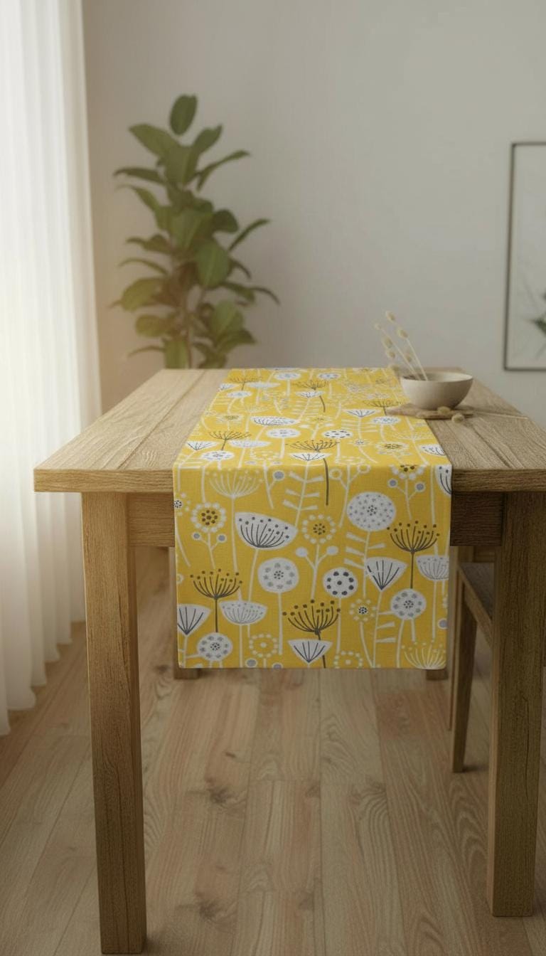 Scandi Floral Table Runner, Bergen Ochre Yellow Table Decor, Various Size