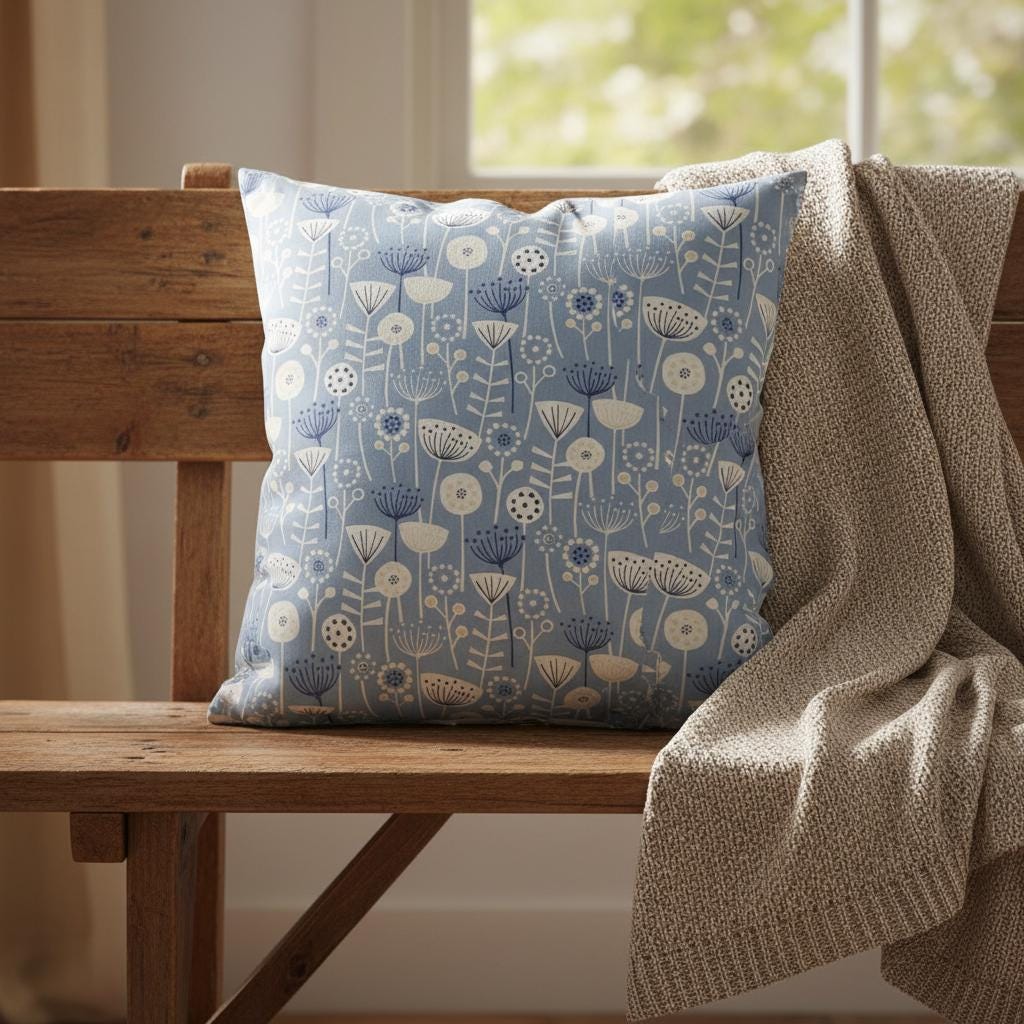 Scandi Floral Bergen Blue Cushion Cover, Handmade Cotton Throw Pillow