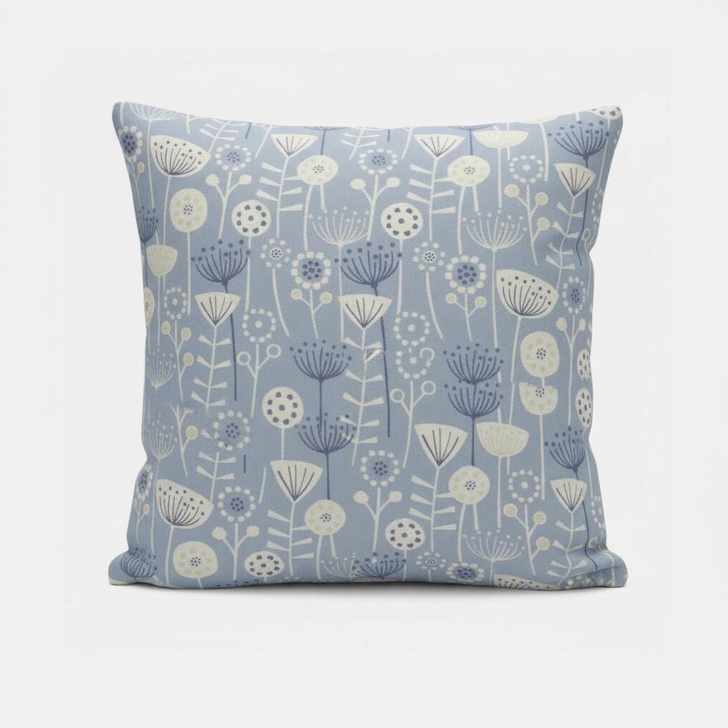 Scandi Floral Bergen Blue Cushion Cover, Handmade Cotton Throw Pillow