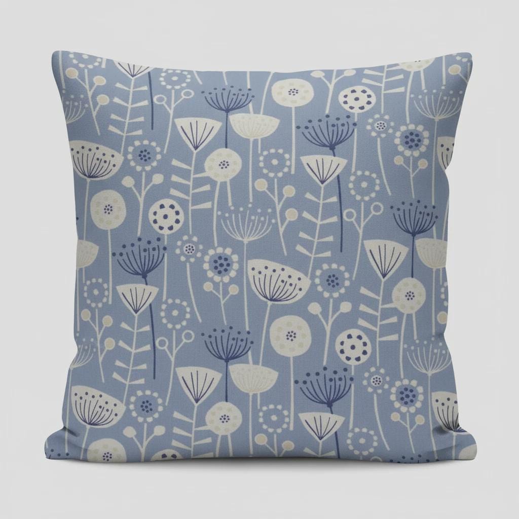 Scandi Floral Bergen Blue Cushion Cover, Handmade Cotton Throw Pillow