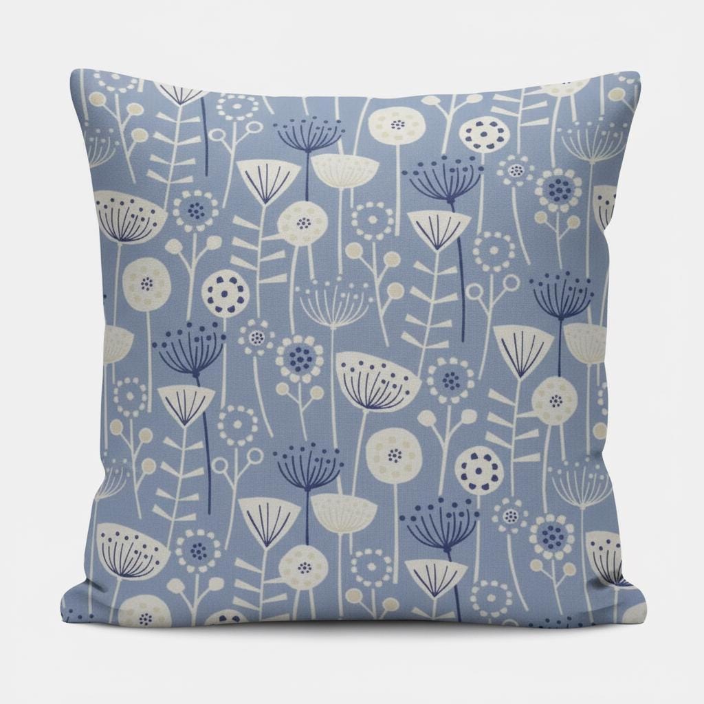 Scandi Floral Bergen Blue Cushion Cover, Handmade Cotton Throw Pillow