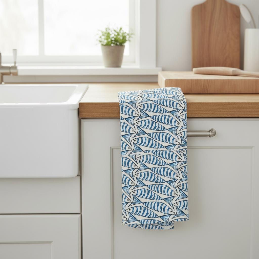 Cornish Sardines Tea Towel, Nautical Marine Seaside Tea Towel, Sprats Fish Cotton Tea Towel