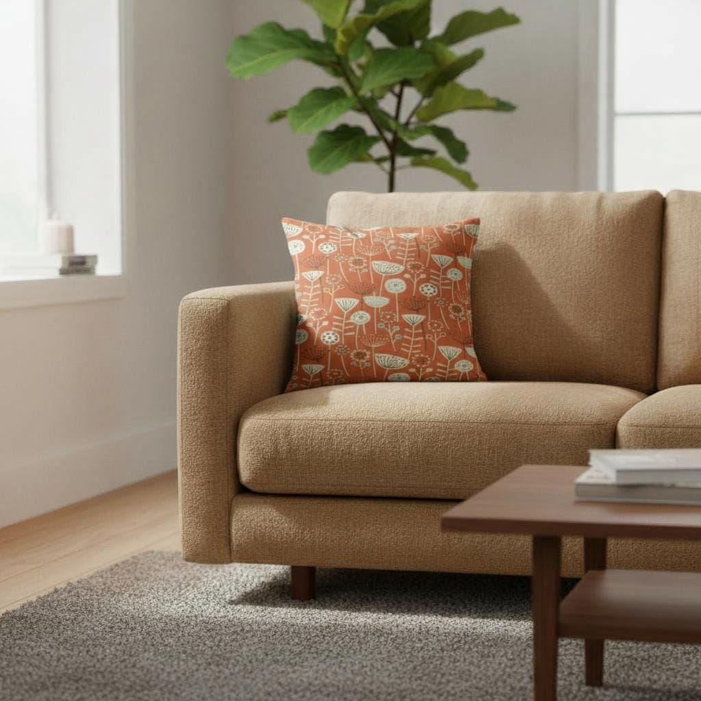 Scandi Floral Bergen Burnt Orange Cushion Cover, Handmade Cotton Throw Pillow