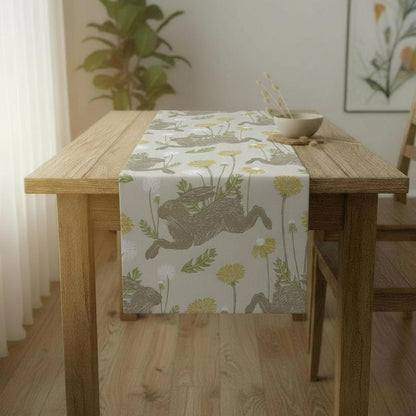 March Hare Natural Table Runner, Easter Bunny Rabbit Dandelion Print, 100% Cotton, Handmade UK