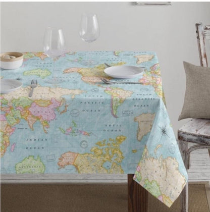 World Map Coated Tablecloth , Soft Water Resistant Tablecloths , Teflon Coated Tablecloth , Round Oval Rectangle Tablecloth