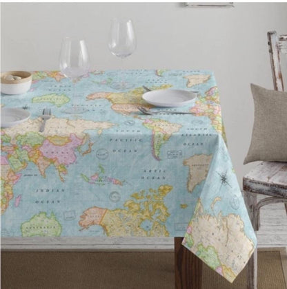 World Map Coated Tablecloth , Soft Water Resistant Tablecloths , Teflon Coated Tablecloth , Round Oval Rectangle Tablecloth