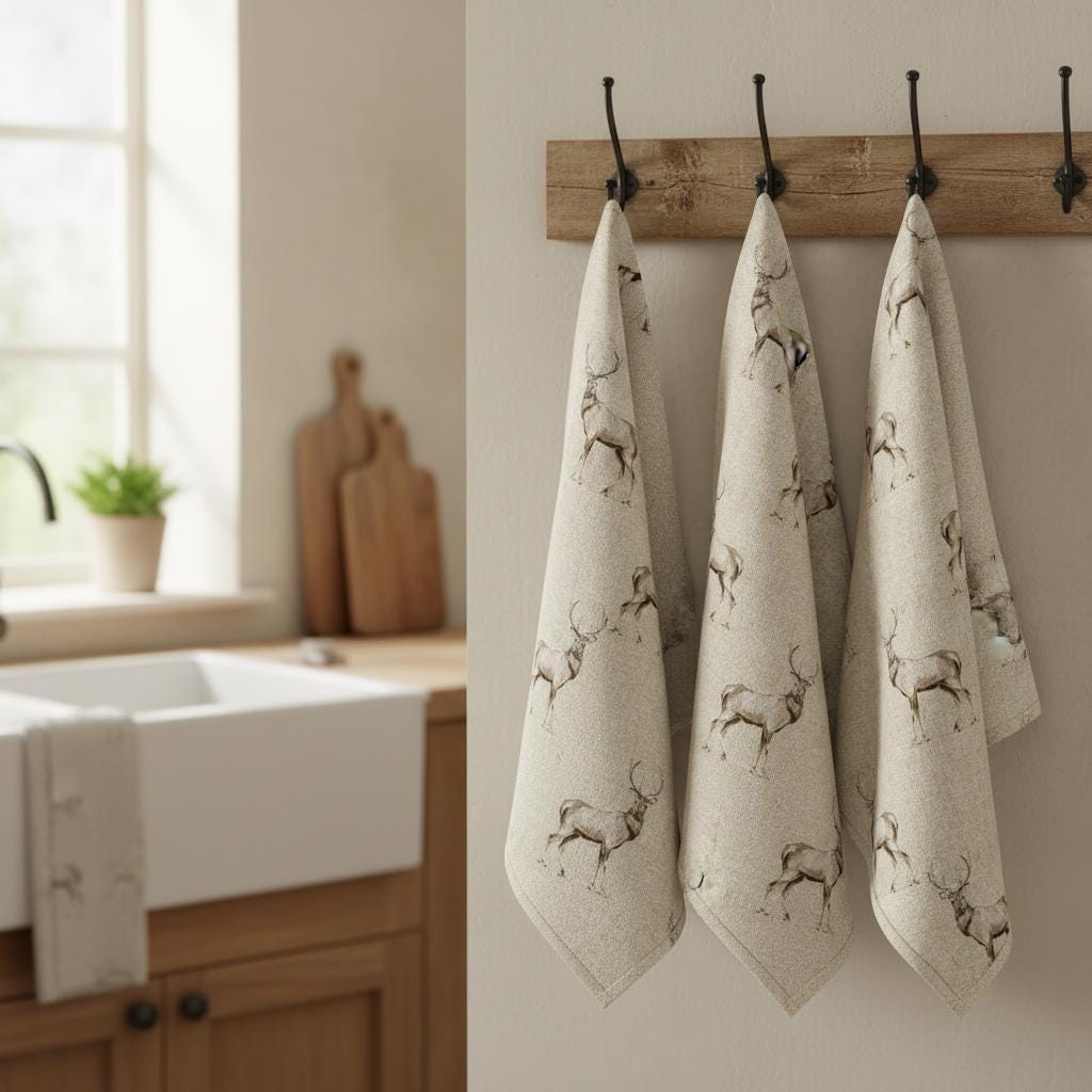 Stags Deer Tea Towel , Wildlife Woodland Christmas Cotton Kitchen Towel