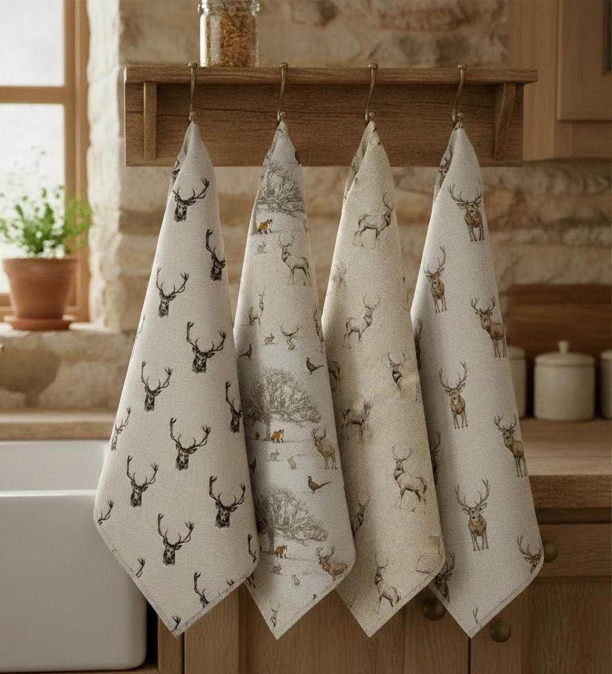 Stags Deer Tea Towel , Wildlife Woodland Christmas Cotton Kitchen Towel