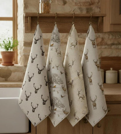 Stags Deer Tea Towel , Wildlife Woodland Christmas Cotton Kitchen Towel