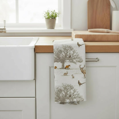 Stags Deer Tea Towel , Wildlife Woodland Christmas Cotton Kitchen Towel