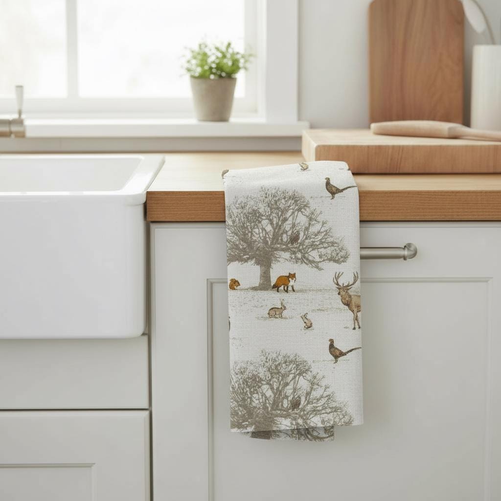 Stags Deer Tea Towel , Wildlife Woodland Christmas Cotton Kitchen Towel