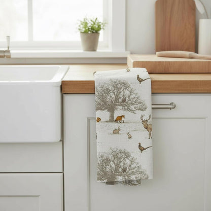 Stags Deer Tea Towel , Wildlife Woodland Christmas Cotton Kitchen Towel