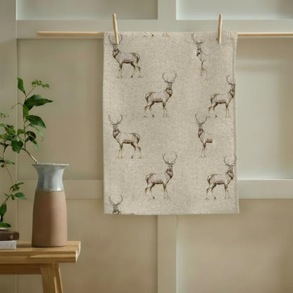 Stags Deer Tea Towel , Wildlife Woodland Christmas Cotton Kitchen Towel